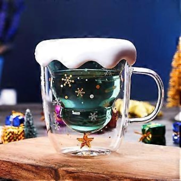 Jul-tema dubbelväggig isolerad glasmugg (med lock) - 300ml söt presentmugg, lämplig för kaffe och te