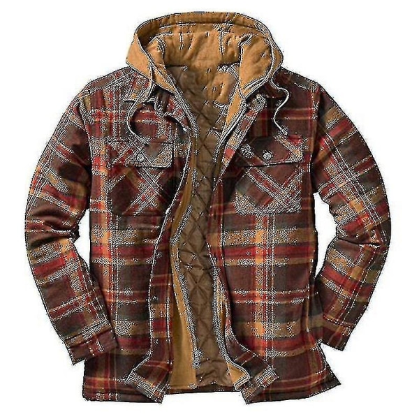 Quilted Thick Plaid Long-sleeved Loose Jacket Men&#39;s Hoodie Quilted Lined Flannel.2XL.Brown