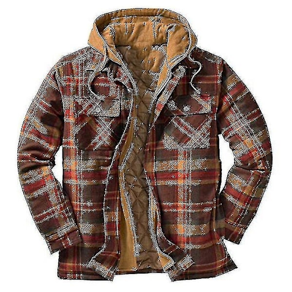 Quiltet Tyk Plaid Langærmet Løs Jakke Herre Hættetrøje Quiltet Foret Flanel.M.Brun Brown M