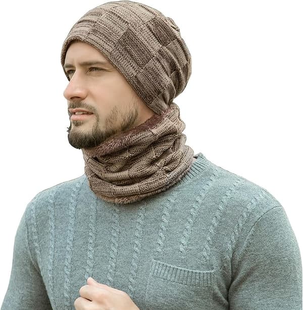 Vinterlue og skjerfsett for menn, varme strikkeluer - khaki skull cap
