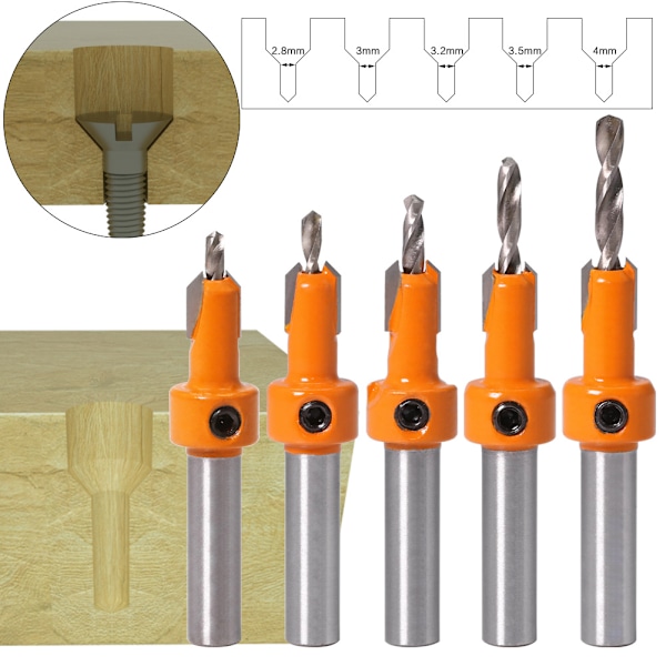 5 st Träbearbetning Senkfräsar Chamfer Borr Bits Counter HSS Taper