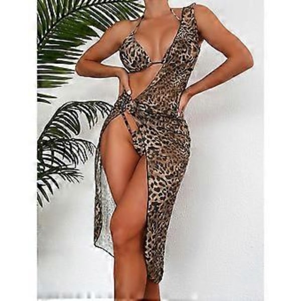 Naisten leopardikuvioinen kolmio-halter-bikini uimapuku peiteasulla Maxi-mekko 3-osainen uima-asu rantavaatteet S S