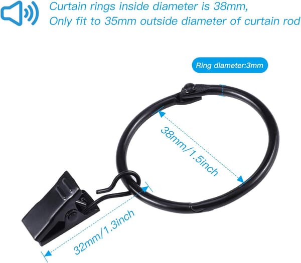 (Sort), 30 Styk Gardinerringe med Clips, Metal Gardinerringe H