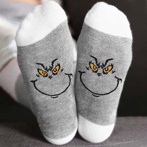 Julegaver for kvinner og menn - morsomme Grinch-sokker, unisex-nyhetssokker, grå