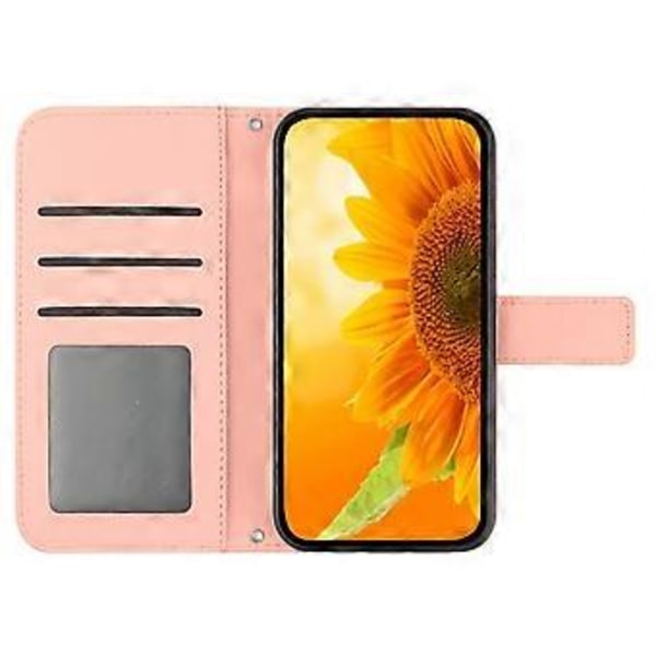 Oppo A58 4G lompakkokotelo, auringonkukkakuvio, jalustallinen nahkakotelo ja ranneke Style D