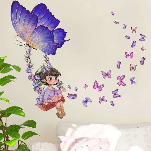 Swing Girl Butterfly Wall Decal Papper Vardagsrum Sovrum Självhäftande