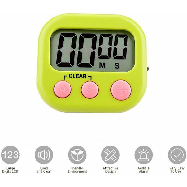 Stopur, Elektronisk digital køkkentimer med magnetisk bagside og stativ-alarm, minut-sekund-tælling op/nedtælling, stort LCD-display, 1 stk. grøn（Batterier ikke inkluderet）
