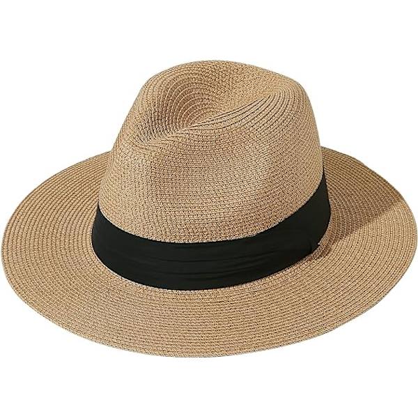 Womens UPF50 Foldable Summer Straw Hat Wide Brim Fedora Sun Beach