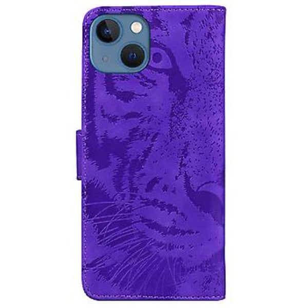 Tiger Präglat Läderfodral För iPhone 14 Purple