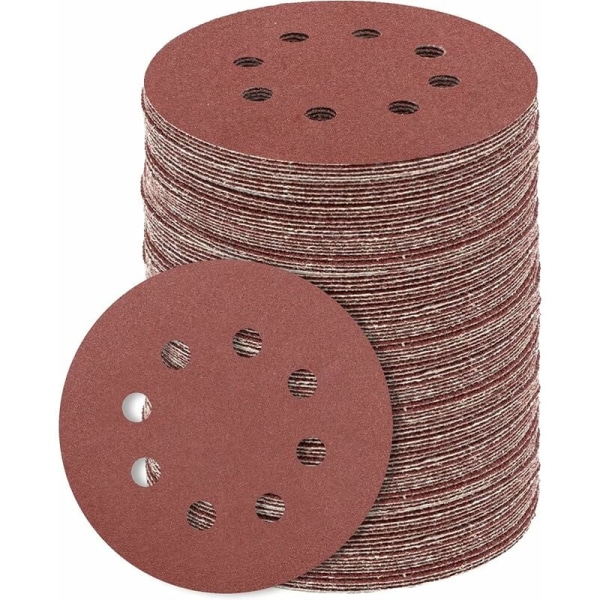 100 stk. 5 tommer runde slibeskiver, 8 huller, 120 grit, til Rando