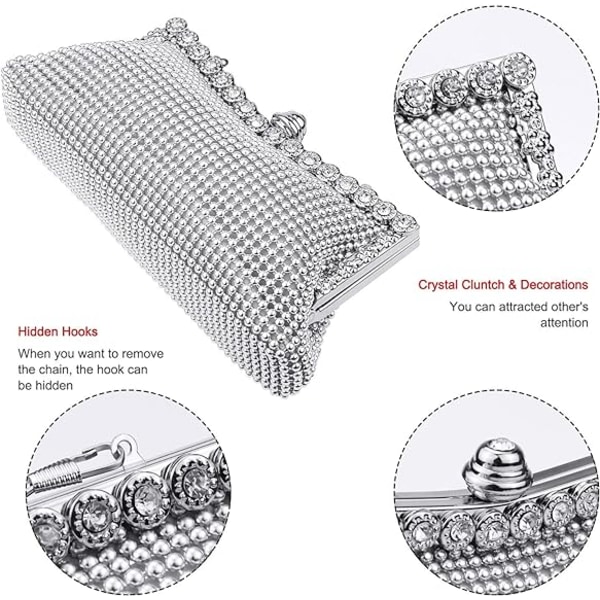 Aftonkoppling Väska Bröllop Bal Fest Handväska Nattväska med Kort och Lång Kedja (Silver)