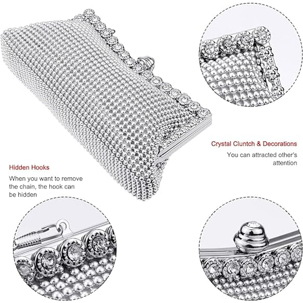 Ilta Clutch-laukku Häät Juhlat Käsilaukku Yölaukku Lyhyellä ja Pitkällä Ketjulla (Hopea)