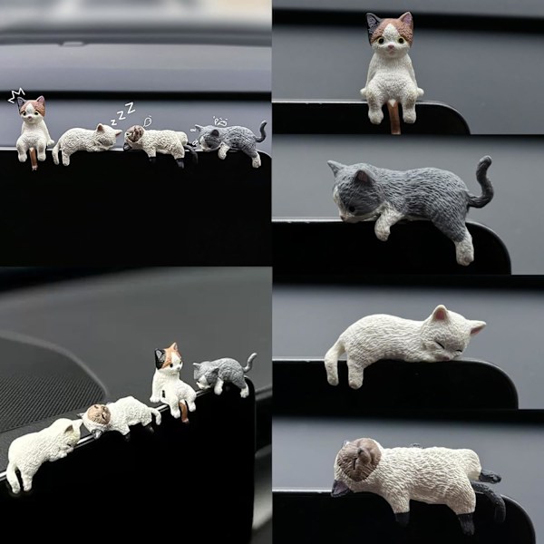 4 søte bildekorasjoner til bakspeilet, mini katter, for bildekorasjon, dashbord og prinsessebiltilbehør