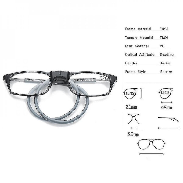 Läsglasögon av hög kvalitet Tr Magnetisk Absorption Hängande hals Funky Readers Glasses.1.5 Förstoring.Grå