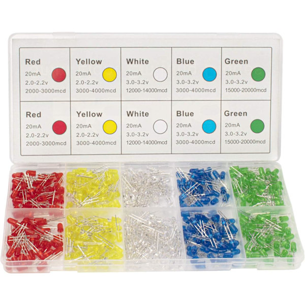 300 stk (5 farger x 60 stk) 5 mm LED lysdiode rund assortert farge hvit/rød/gul/grønn/blå settboks