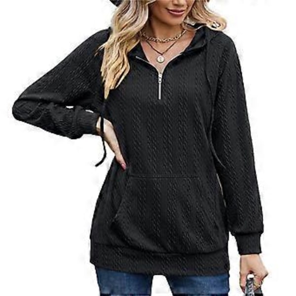 Dame Hættetrøje Ensfarvet Langærmet Kvart Lynlås Pullover Toppe med Store Forlommer til Efterår Vinter Sort M