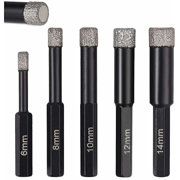Diamantborrkronor Set med 5 våt/torra borrkronor för stengods, keramik, kakel, glas, våt/torr skärning 6 8 10 12 14mm