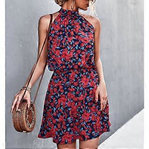 Halterneck Kjole med Bindebånd i Ryggen Kort Kjole Dame Sommer Elegant Elastisk Talje Blomsterprint Kjole til Dates