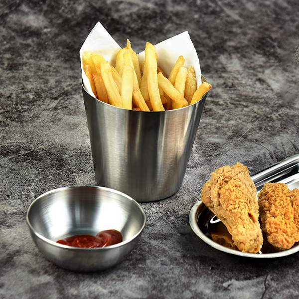 350 ml pommes frites kop, holdbar, rustfrit stål pommes frites kop, til servering af pommes frites, løgringe, tater tots eller grøntsager - Restaurantware（sølv）3-pak