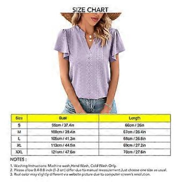 Lilla XL Hul Ruffle Erme Bluse V-hals Ensfarget Kortermet Bluse Topp for Kvinner Dame Jente