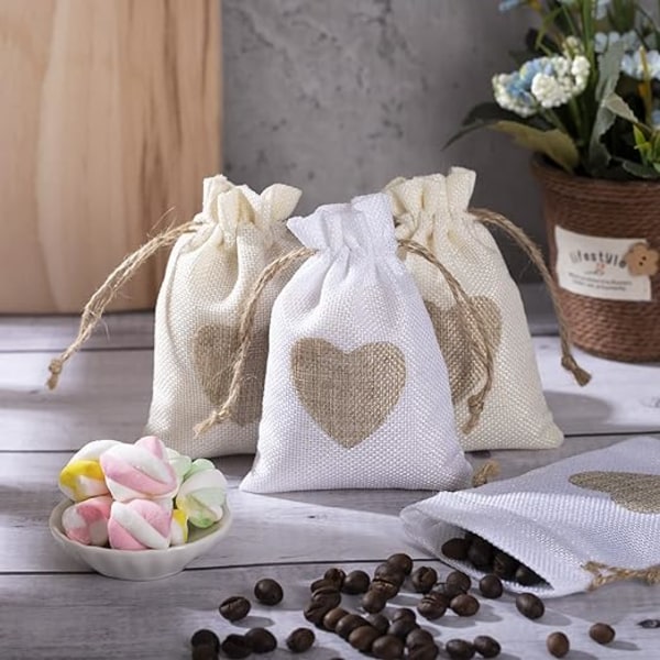 Jute Bags, Pack of 24 Hemp Linen Bags with Drawstring and Heart P