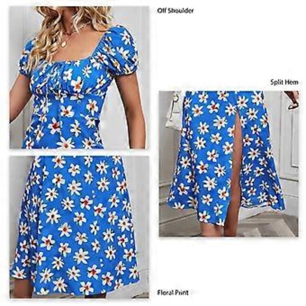 Blomstret Damekjole Off Shoulder Firkantet Hals Puff Korte Ærmer Slids Sommer Afslappet Kjole