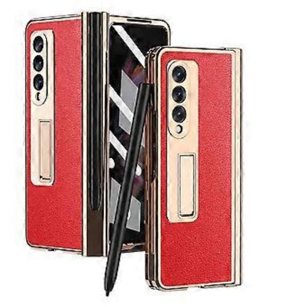 Til Kompatibel med Samsung Galaxy Z Fold 3 Stødsikker Hængselbeskyttelse HD Hærdet Glas Skærmbeskytter PU Læder Hård PC Ramme Fuld Dækning Cov Red
