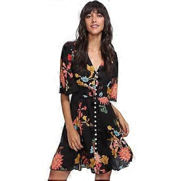Boheme Dame Kjole med Knapper, Slids og Blomsterprint (style776)
