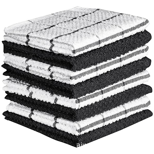 (30 x 30 cm) (Sort og hvid) 8 køkkenhåndklæder - 100% bomuldssæt
