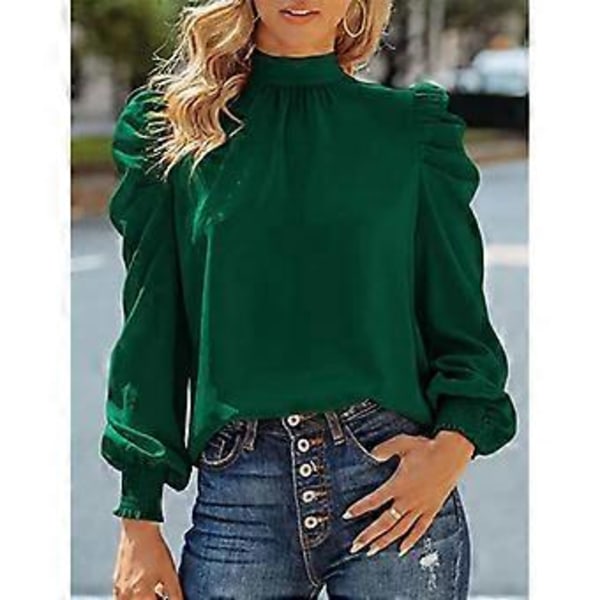 Dame Lang Puff Erme Topper Skjorte Moderne Elegant Løs Casual Ren Farge Høy Hals Bluse for Arbeid Grønn XL