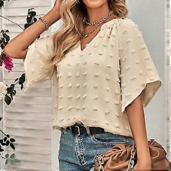 Aprikos L V-hals Sveitsisk Prikk Topp Dame Vår Sommer Løs Casual Elegant Ren Farge Skjorte Bluse for Kontorarbeid