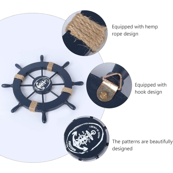 1 kpl tummansininen seinälle koristeltu purjehduspuinen veneenpyörä, puu, tumma
