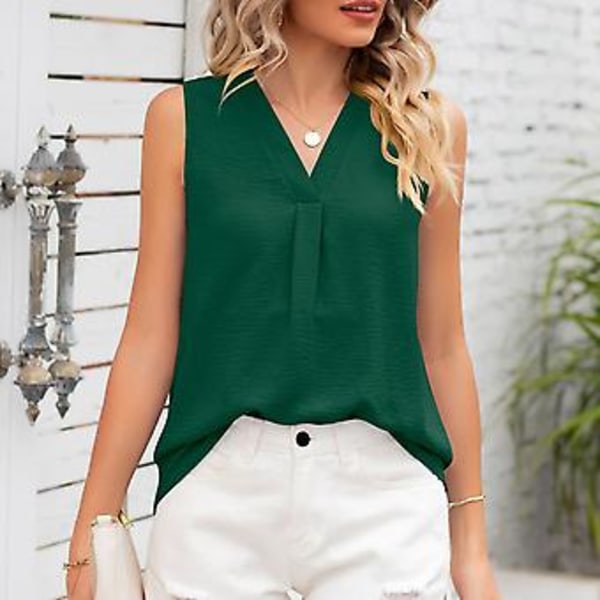 Dame Ærmeløs Top V-hals Ensfarvet Løs Stil Åndbar Moderigtig Sommer Tanktop (XXLDark Green) Dark Green XXL