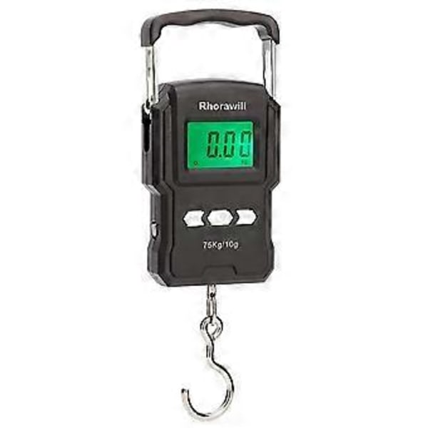 Kalastusvaaka, 75 kg:n / 165 lb:n riippuva matkatavaravaaka, elektroninen kalastusvaaka taustavalaistulla LCD-näytöllä, mittanauhalla ja 2 AAA-paristolla, sopii O:lle