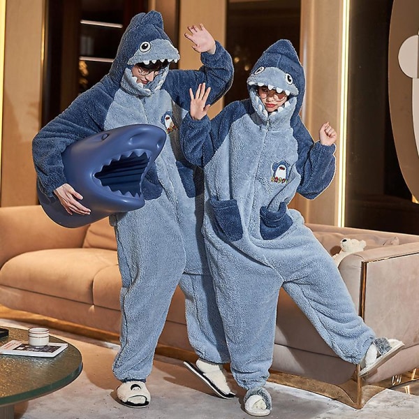 Höst/vinter Nattlinne Tecknad Haj Förtjockad Heldräkt Morgonrock Set för Par.XXL. 2XL