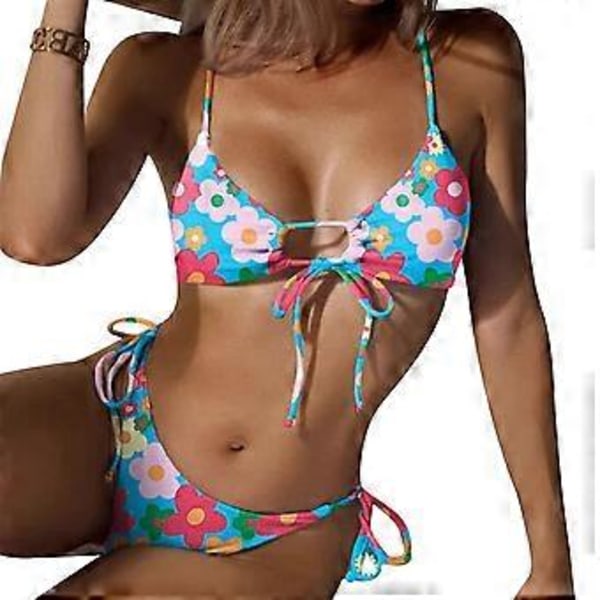 Sexig halterneck-baddräkt i två delar för damer, högskuren stringtrosa, push-up bikiniset, snörning, badkläder, strandkläder, tryck på blå bac S Printing on blue bac S