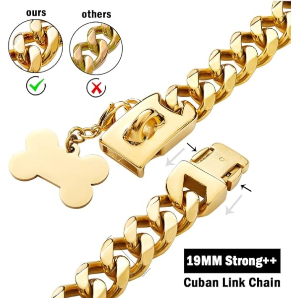 19MM Gullkjede til hund med design sikker lås og ID-brikke, 18K