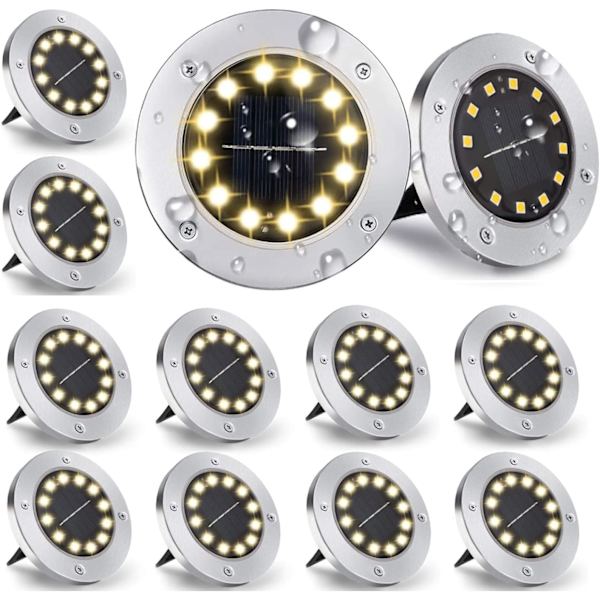 Sæt med 12 udendørs solcellelamper med varmt lys, 12 LED'er, 800 mAh, med