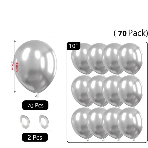 70 stk Metall Sølv Latex Ballonger Bursdag Metall Ballong Ideell Inf