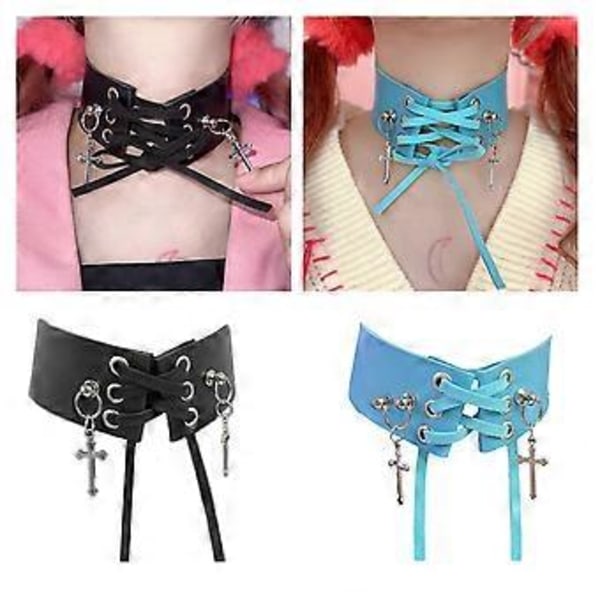 Punk Nahka Choker Kaulakoru Seksikäs Nyöritys Risti Kaulus Kaulanauha Goottilainen Solisluuketjun Kaulakoru Naisille Tytöille Sininen