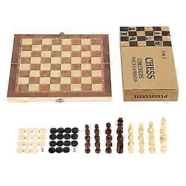 3 i 1 Schack Dam Backgammon Spelset med Hopfällbar Träbräda för Förvaring, Portabelt Resepussel Brädspelskombinationsset för Barn & Vuxna