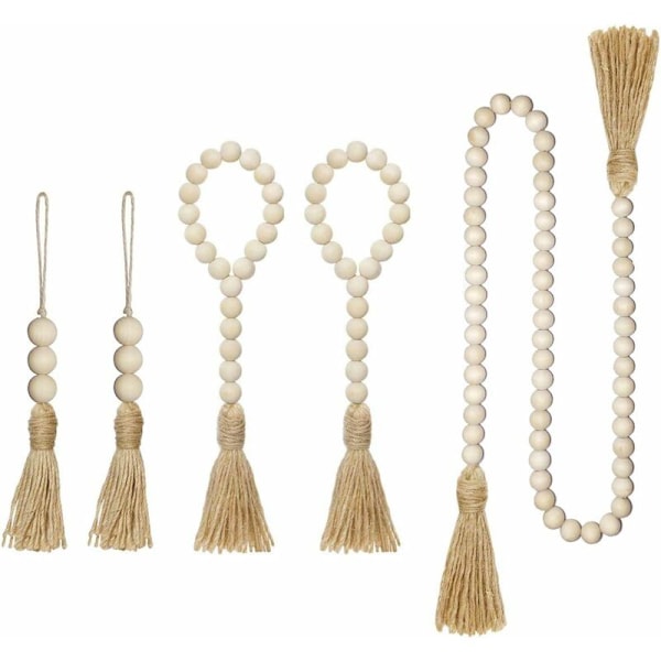 5-pack träpärlgarland med tofsar, lantliga pärlor, rustik