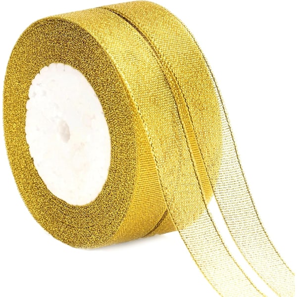 Gyllene organzaribbon, 20mm glittrande julband för presentförpackning, 44m presentband dekoration tårtband glittrande metallförpackningsband