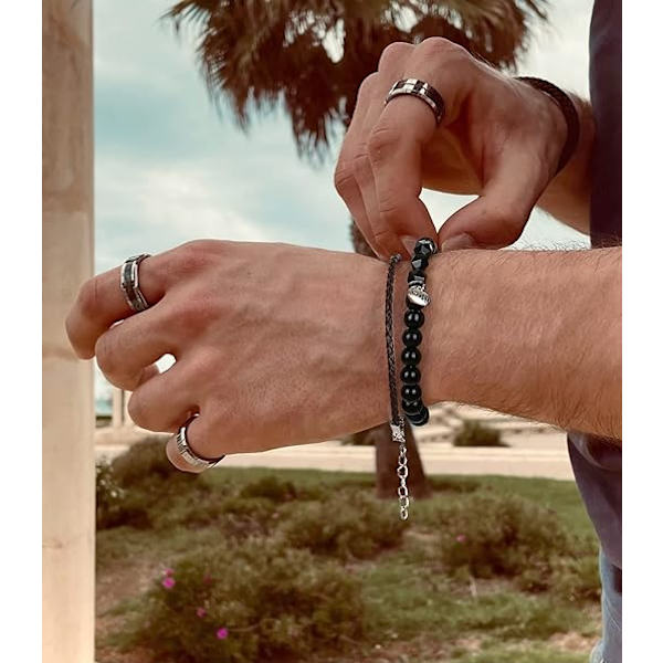 Sæt med armbånd til mænd - sort armbånd med perler og kæde i rustfrit stål