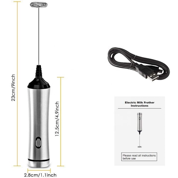 Elektrisk mælkeskummer, USB genopladelig mælkeskummer, rustfrit stål mixer