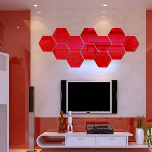 12 Mirror Acrylic Wall Stickers (Hexagonal, Red) 17.7cm x 15.3cm