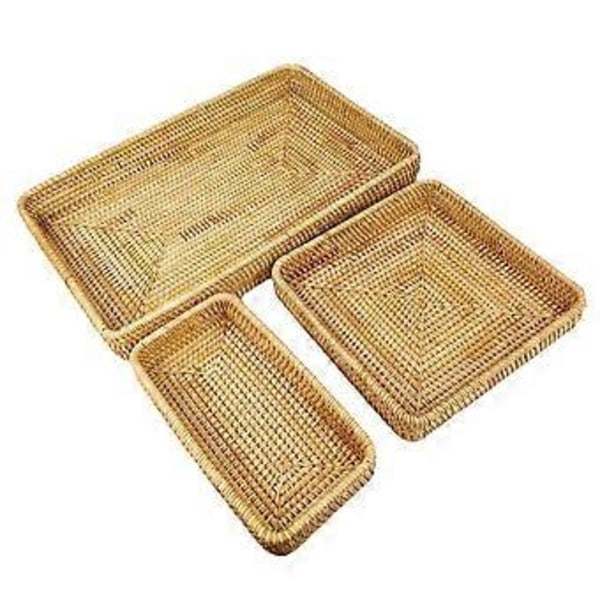 Rattanbricka Bordsskiva Organisation Handvävd Snacksförvaringskorg Multifunktionell Serveringsbricka 3 st Set