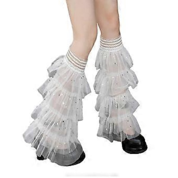Sommar Mesh Utsvängda Ben Ärmar Japanska Lolitas Volang Spets Benvärmare Paljetter Långa Strumpor Stövelstrumpor för Kvinnor Vit White