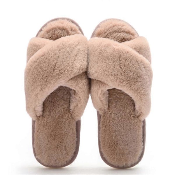 Dames tøfler i kunstig pels, varm khaki flip-flops, hjemmesko med åpne tær, passer for jenter 38-39