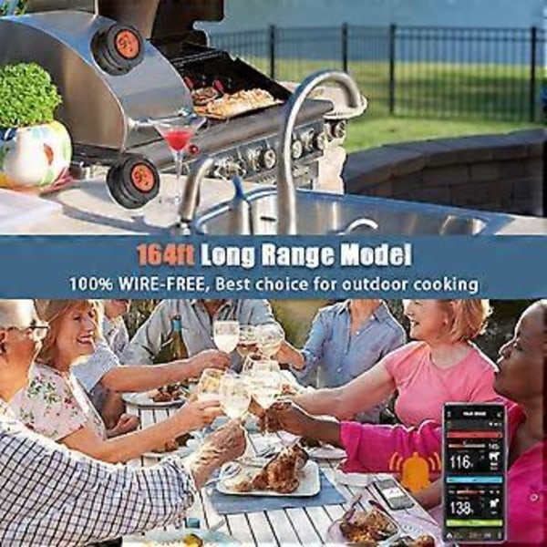 Bluetooth Trådlös Grill BBQ Termometer för Grillning med 4 Prober, Timer, Alarm, 50 m Barbecue Matlagnings Kök Mat Kött Termometer för Rök, Ug